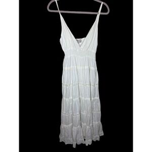 White Tiered Maxi Dress Boho Crochet Lace Smocked Waist Large